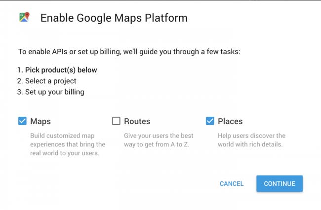 Enable Google Maps platform