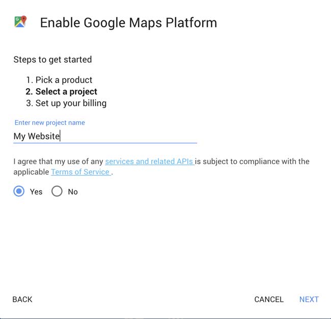 Enable Google Maps platform